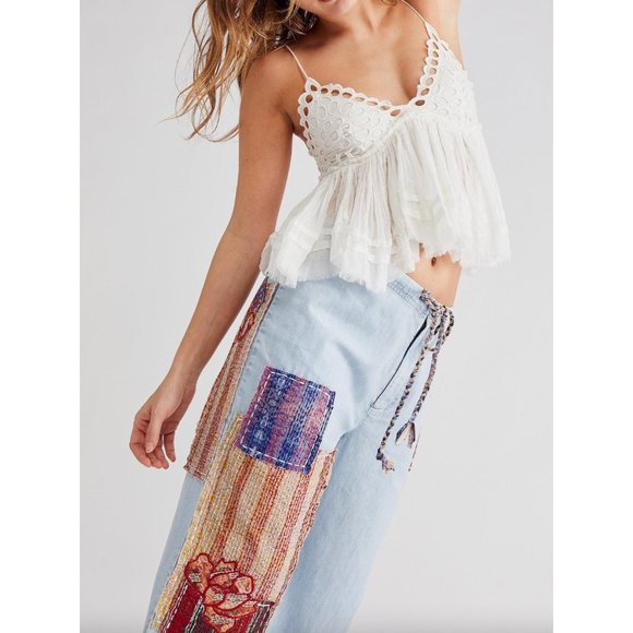 Free People La Vida Low-Rise Pull-On Patched Jeans in Ripple Effect Size Medium - Picture 4 of 6